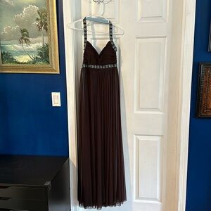 Women’s JS Boutique Brown Formal Dress Blue Underlay Beaded Straps Size 8